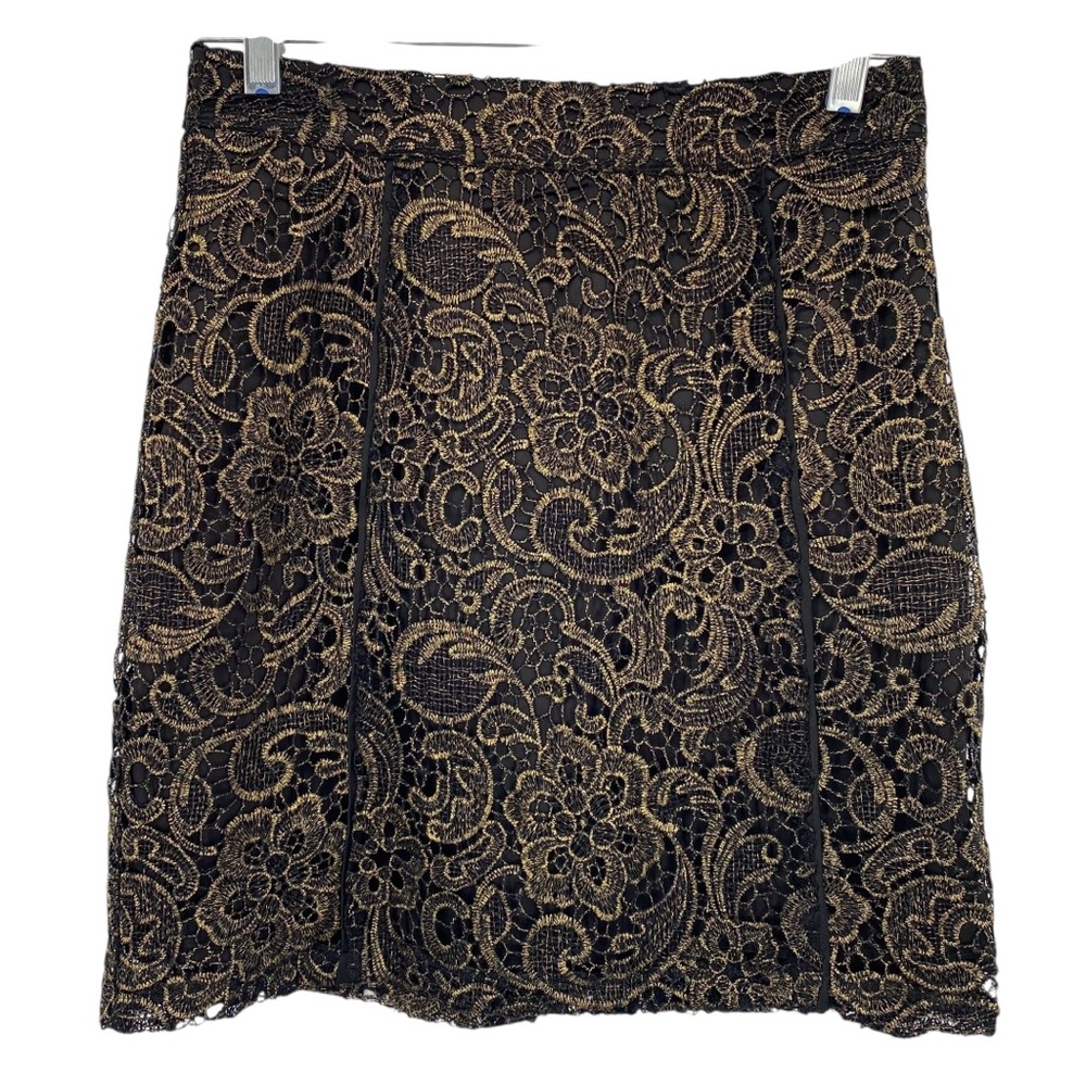 Gianni Bini Black and Gold Lace Overlay Pencil Skirt Holiday Party